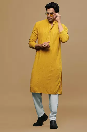 Men's designer solid mustard chikankari kurta set by sanwara