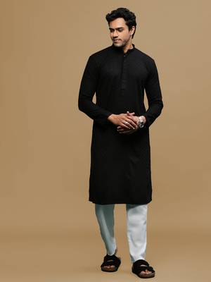 Men's designer solid black chikankari kurta set by sanwara 1