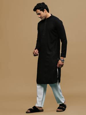 Men's designer solid black chikankari kurta set by sanwara 2