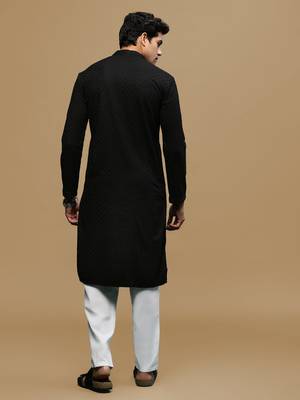 Men's designer solid black chikankari kurta set by sanwara 3