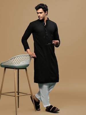 Men's designer solid black chikankari kurta set by sanwara 4
