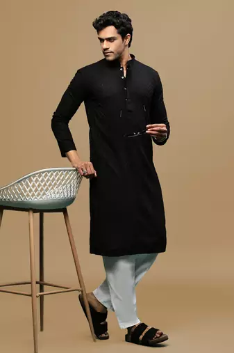 Men's designer solid black chikankari kurta set by sanwara