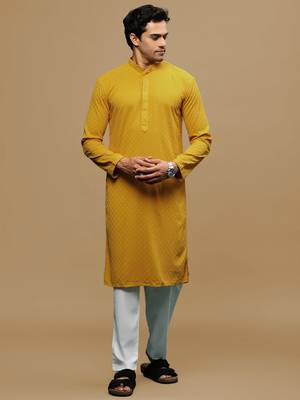 Men's designer solid mustard chikankari kurta set by sanwara 1