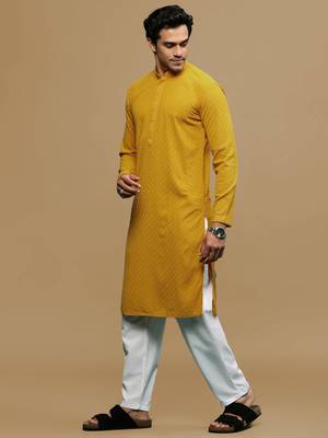 Men's designer solid mustard chikankari kurta set by sanwara 2