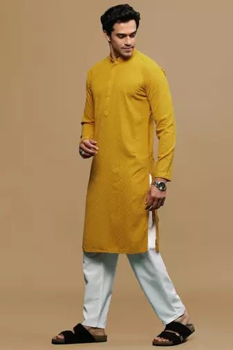 Men's designer solid mustard chikankari kurta set by sanwara
