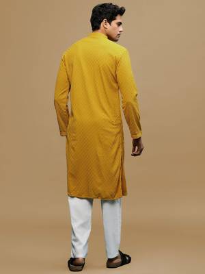 Men's designer solid mustard chikankari kurta set by sanwara 3
