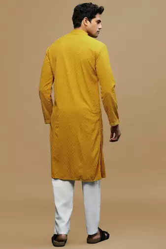 Men's designer solid mustard chikankari kurta set by sanwara