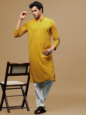 Men's designer solid mustard chikankari kurta set by sanwara 4