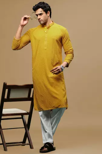 Men's designer solid mustard chikankari kurta set by sanwara