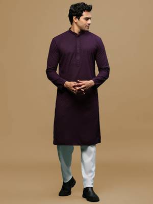Men's designer solid purple chikankari kurta set by sanwara 1