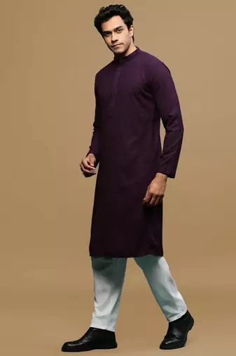 Men's designer solid purple chikankari kurta set by sanwara