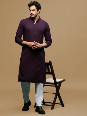 Men's designer solid purple chikankari kurta set by sanwara 4