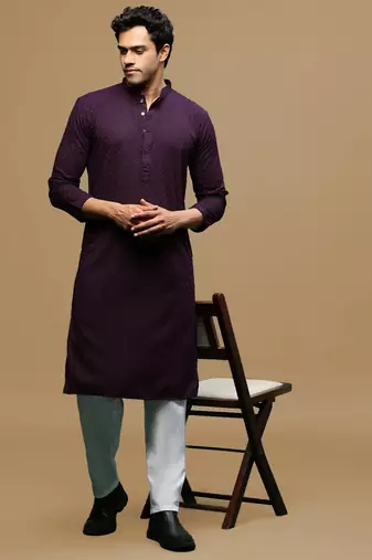 Men's designer solid purple chikankari kurta set by sanwara