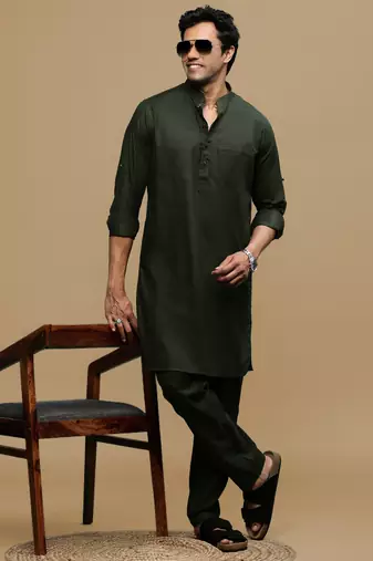 Men's stylish olive pathani kurta set by sanwara