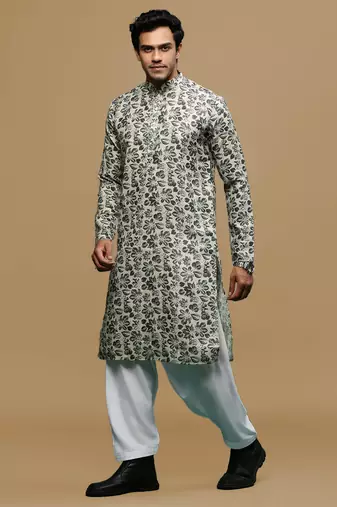 Men's stylish deep beige trendy printed cotton kurta & patiala salwar set by sanwara