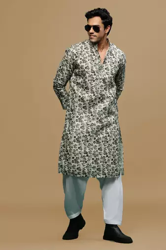 Men's stylish deep beige trendy printed cotton kurta & patiala salwar set by sanwara