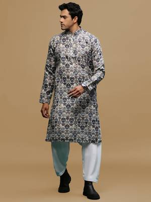 Men's stylish grey trendy printed cotton kurta & patiala salwar set by sanwara 1