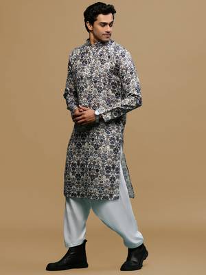 Men's stylish grey trendy printed cotton kurta & patiala salwar set by sanwara 2
