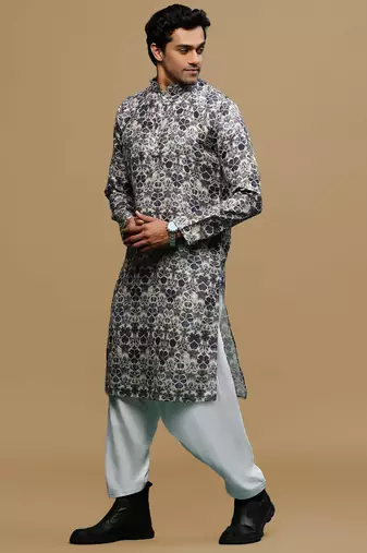 Men's stylish grey trendy printed cotton kurta & patiala salwar set by sanwara