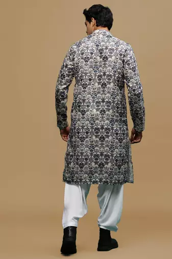 Men's stylish grey trendy printed cotton kurta & patiala salwar set by sanwara