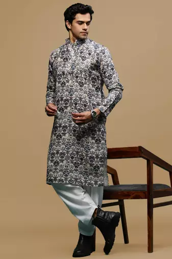 Men's stylish grey trendy printed cotton kurta & patiala salwar set by sanwara