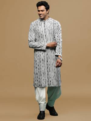 Sanwara men's printed grey & black chikankari kurta & salwar set with sequin accents. 1