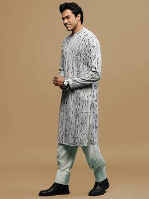 Sanwara men's printed grey & black chikankari kurta & salwar set with sequin accents. 2
