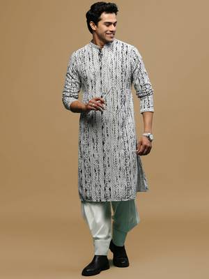 Sanwara men's printed grey & black chikankari kurta & salwar set with sequin accents. 4