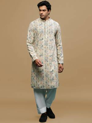Sanwara men's printed orange & blue chikankari kurta & salwar set with sequin accents. 1