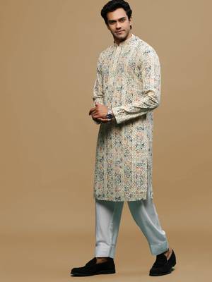 Sanwara men's printed orange & blue chikankari kurta & salwar set with sequin accents. 2