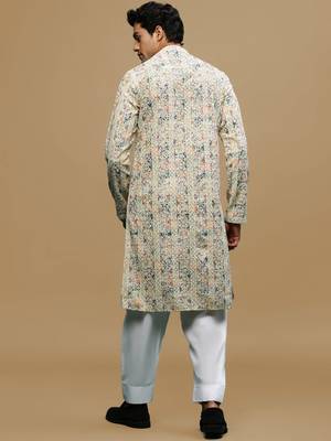 Sanwara men's printed orange & blue chikankari kurta & salwar set with sequin accents. 3