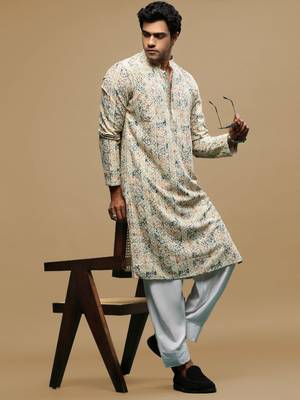 Sanwara men's printed orange & blue chikankari kurta & salwar set with sequin accents. 4