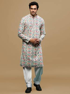 Sanwara men's printed pink & blue chikankari kurta & salwar set with sequin accents. 1