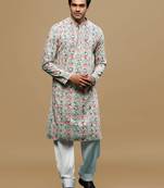 Sanwara men's printed pink & blue chikankari kurta & salwar set with sequin accents.