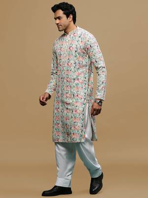 Sanwara men's printed pink & blue chikankari kurta & salwar set with sequin accents. 2