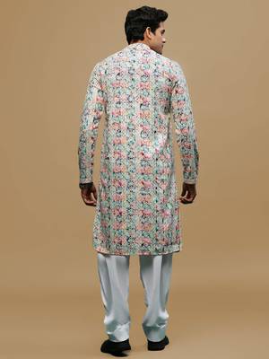 Sanwara men's printed pink & blue chikankari kurta & salwar set with sequin accents. 3