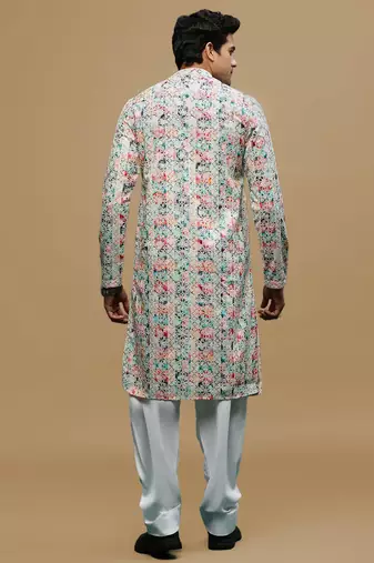 Sanwara men's printed pink & blue chikankari kurta & salwar set with sequin accents.