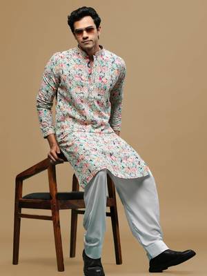 Sanwara men's printed pink & blue chikankari kurta & salwar set with sequin accents. 4