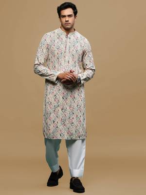 Sanwara men's printed red & blue chikankari kurta & salwar set with sequin accents. 1