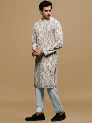 Sanwara men's printed red & blue chikankari kurta & salwar set with sequin accents. 2
