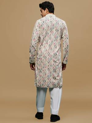 Sanwara men's printed red & blue chikankari kurta & salwar set with sequin accents. 3