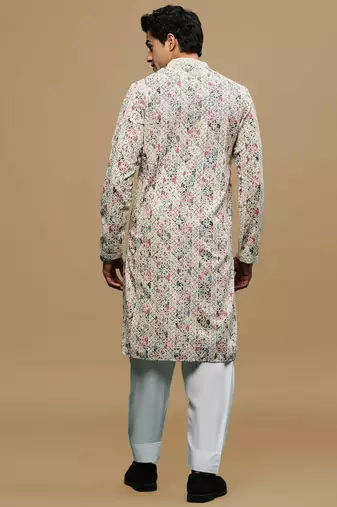 Sanwara men's printed red & blue chikankari kurta & salwar set with sequin accents.