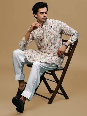Sanwara men's printed red & blue chikankari kurta & salwar set with sequin accents. 4