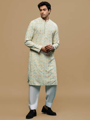 Sanwara men's printed yellow & sky blue chikankari kurta & salwar set with sequin accents. 1