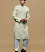 Sanwara men's printed yellow & sky blue chikankari kurta & salwar set with sequin accents.