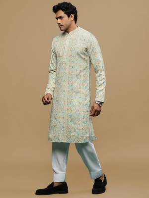Sanwara men's printed yellow & sky blue chikankari kurta & salwar set with sequin accents. 2