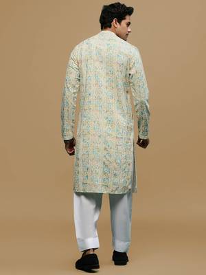 Sanwara men's printed yellow & sky blue chikankari kurta & salwar set with sequin accents. 3