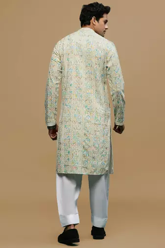 Sanwara men's printed yellow & sky blue chikankari kurta & salwar set with sequin accents.