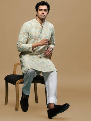 Sanwara men's printed yellow & sky blue chikankari kurta & salwar set with sequin accents. 4