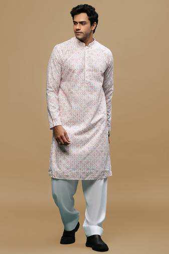 Sanwara men's printed pink chikankari kurta & salwar set with sequin accents.